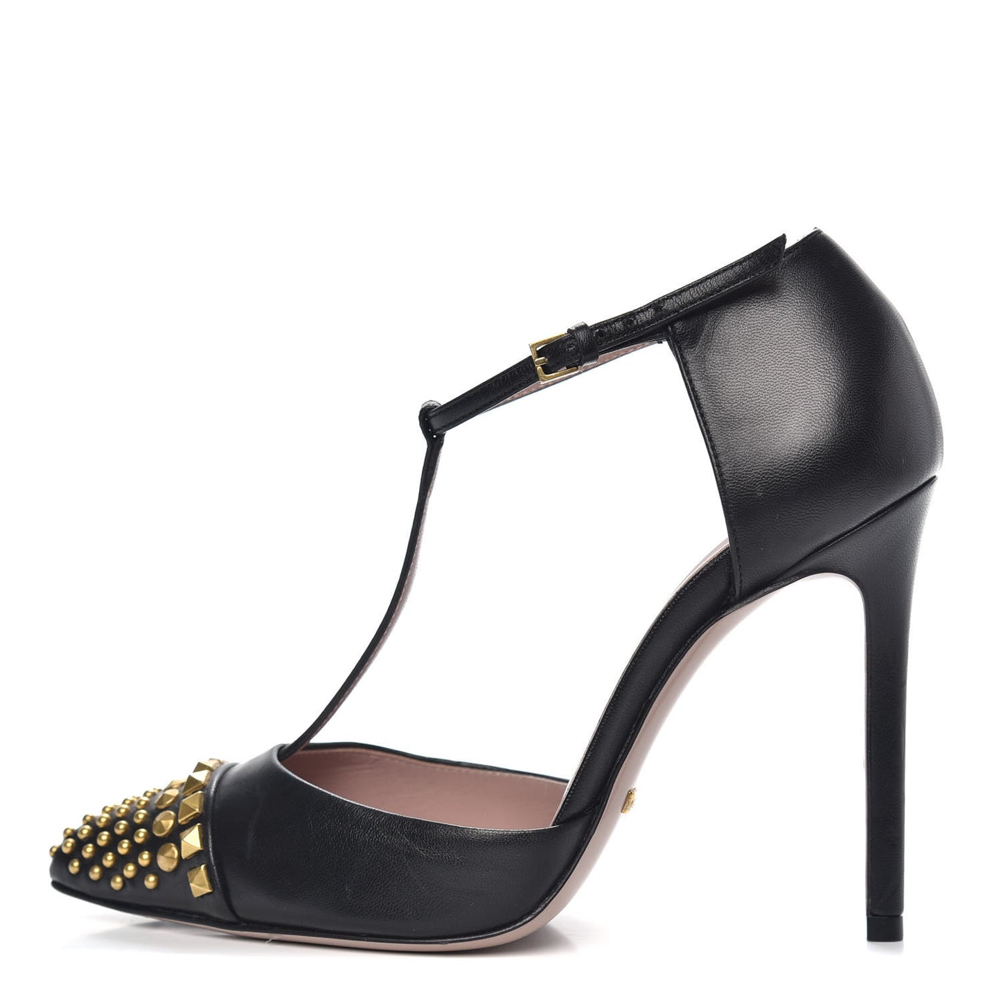 Malaga Kid Studded Cap Toe T Strap Pumps 35.5 Black