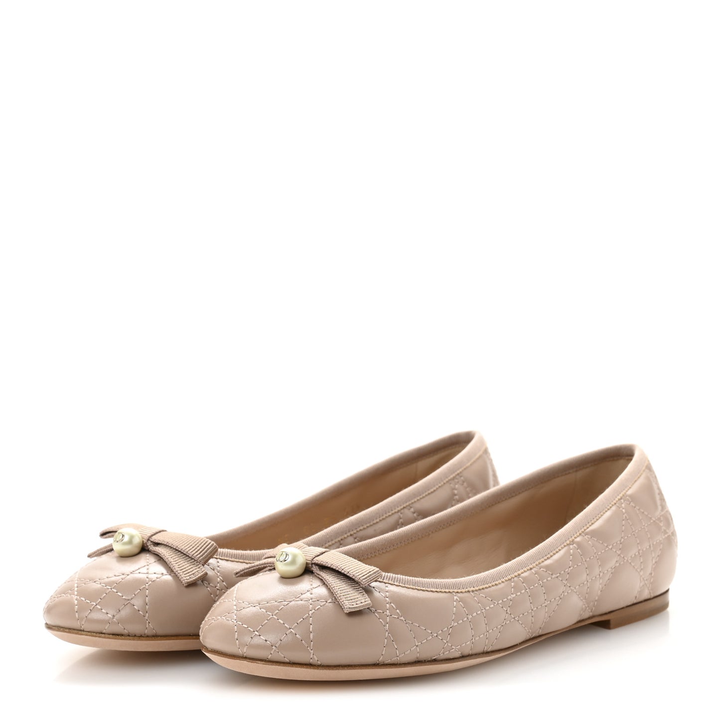 Calfskin Cannage Pearl Bow Ballet Flats 37.5 Nude