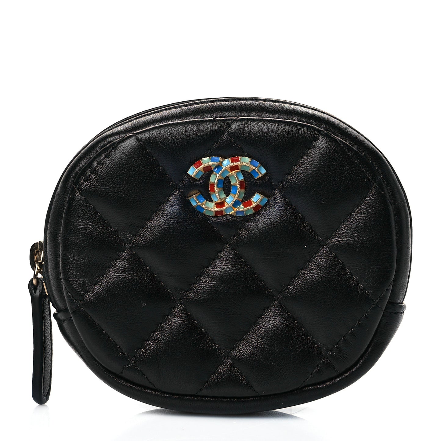 Lambskin Enamel Quilted Zip Around Classic Coin Purse Black