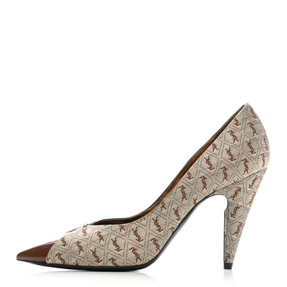 Saint Laurent Silk Blend Monogram Lola Cap Toe Pumps 38.5 Beige 1 of 8