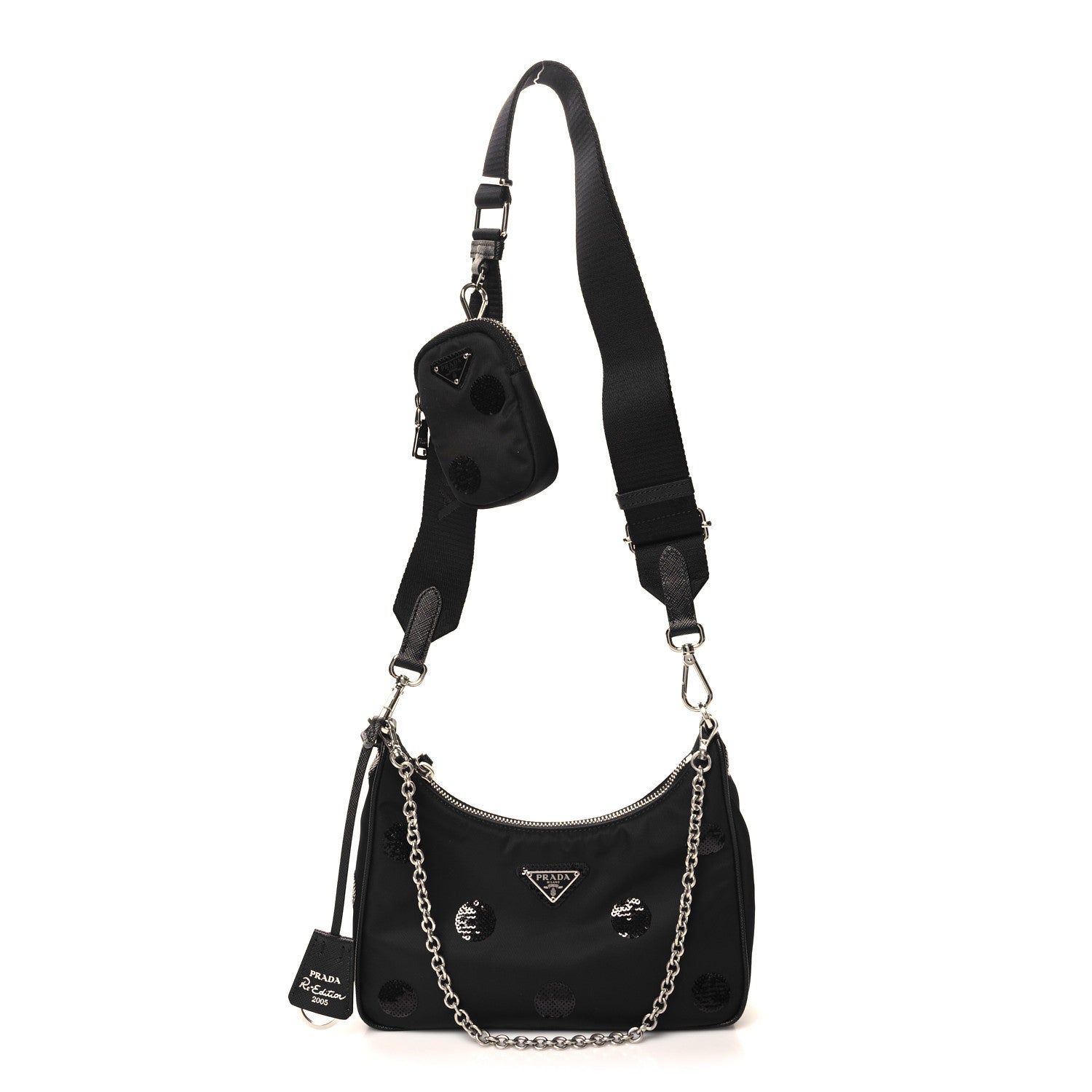 Prada Nylon Sequin Embellished Polka Dot Re-Edition 2005 Shoulder Bag Black 1 of 9