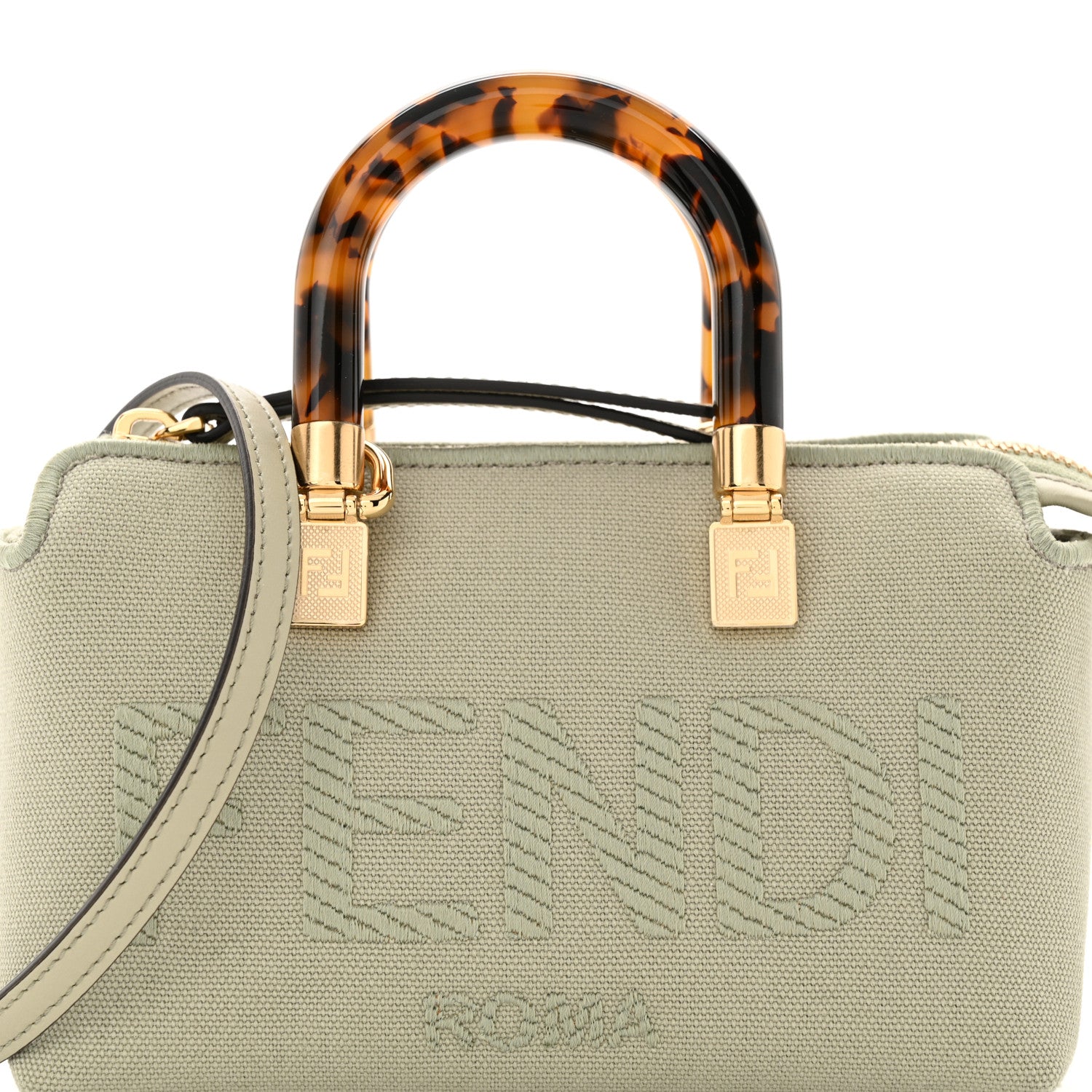 Fendi Canvas Vitello King Plexiglass Logo Embroidered Mini By The Way Top Handle Boston Bag Green Tea 8 of 10
