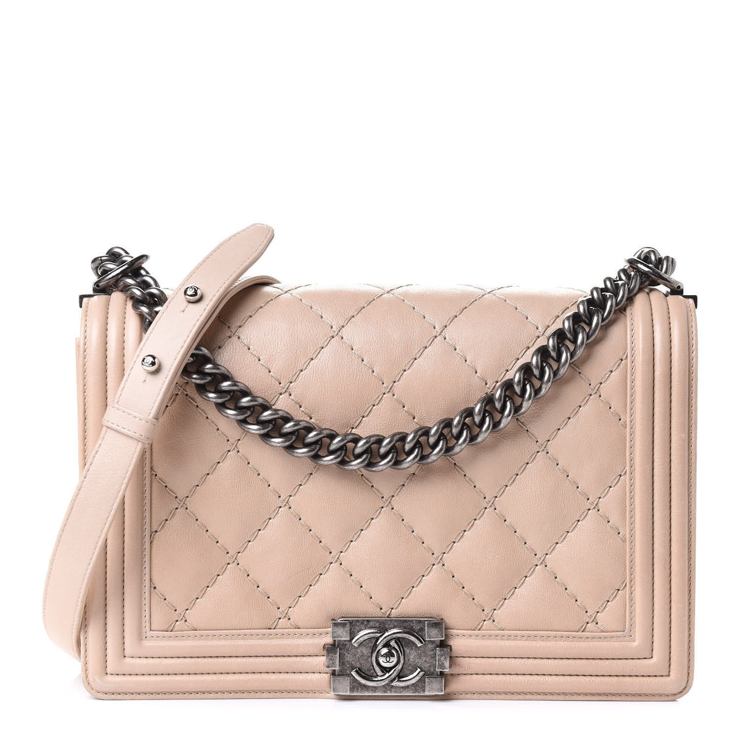 Calfskin Quilted Double Stitch New Medium Boy Flap Beige