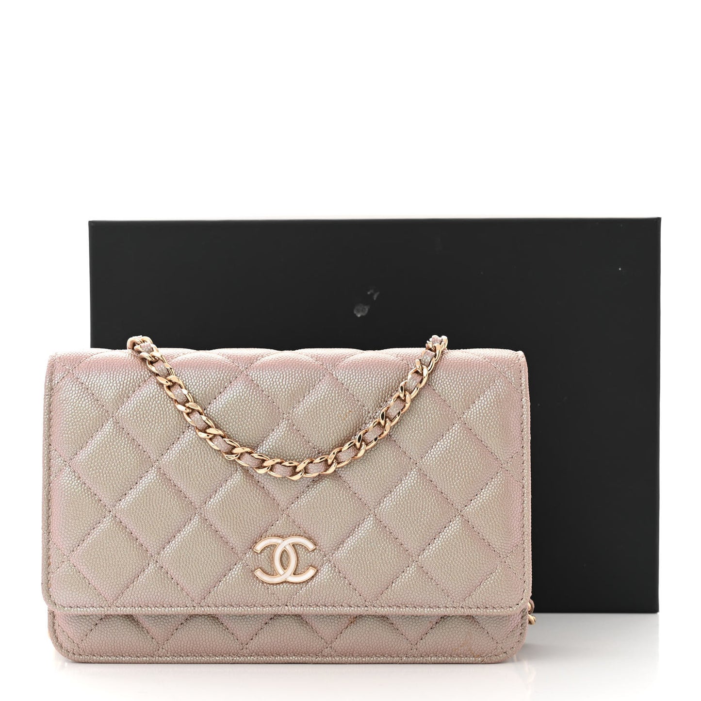 Iridescent Caviar Quilted Wallet on Chain WOC Beige