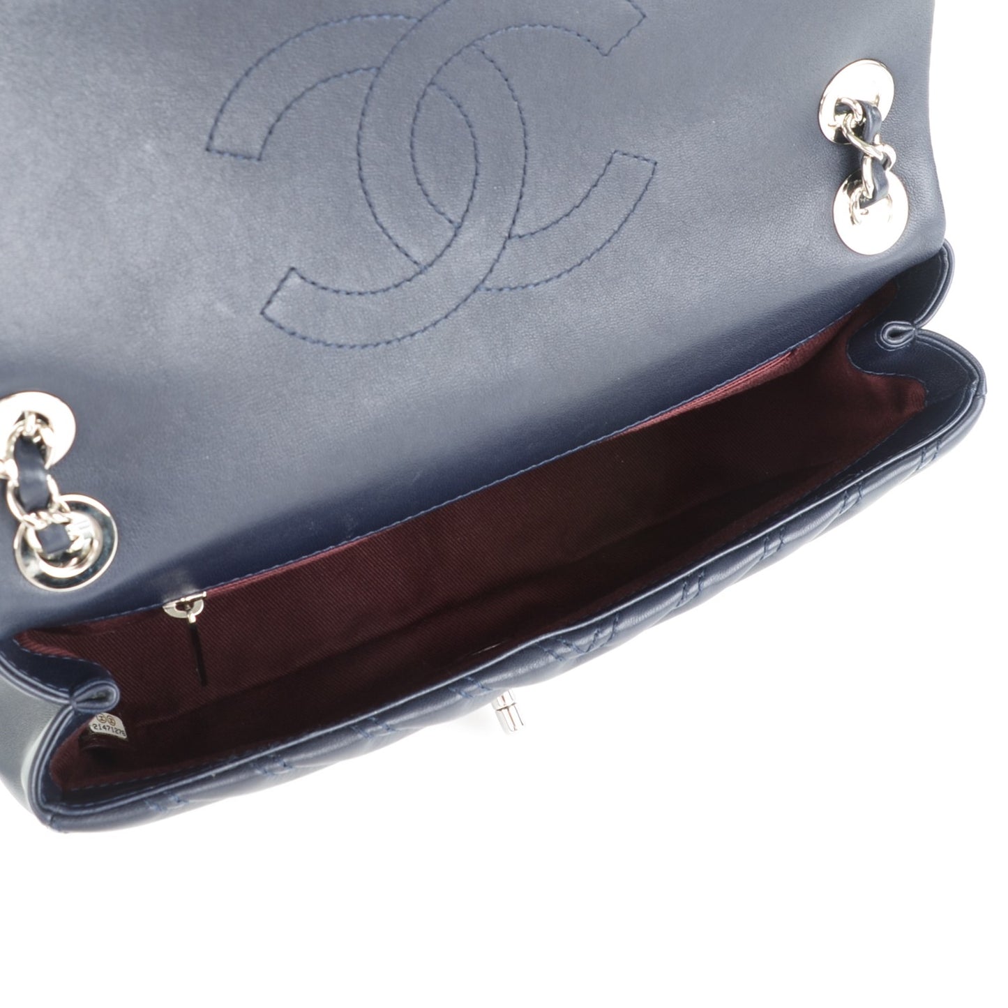 Lambskin Chevron Double Stitch Medium Single Flap Navy