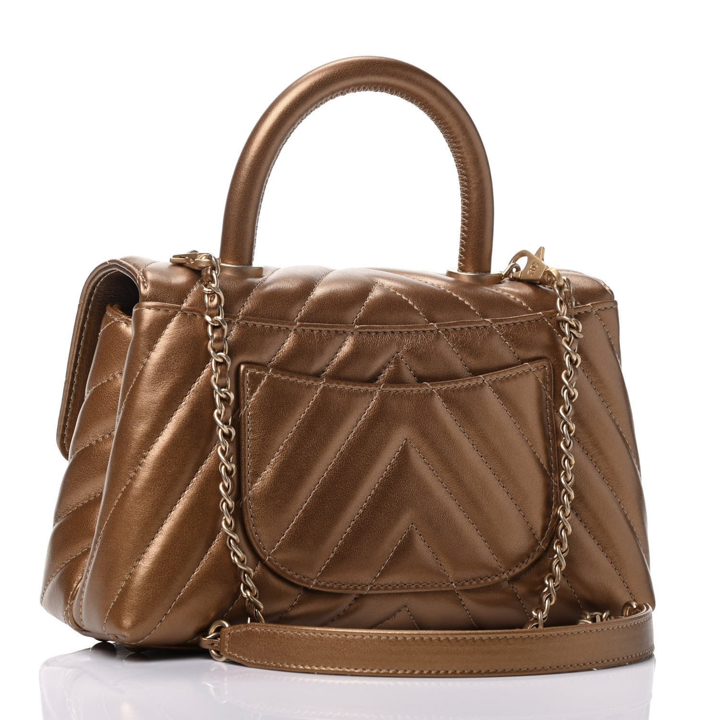 Metallic Calfskin Chevron Quilted Mini Coco Handle Flap Gold