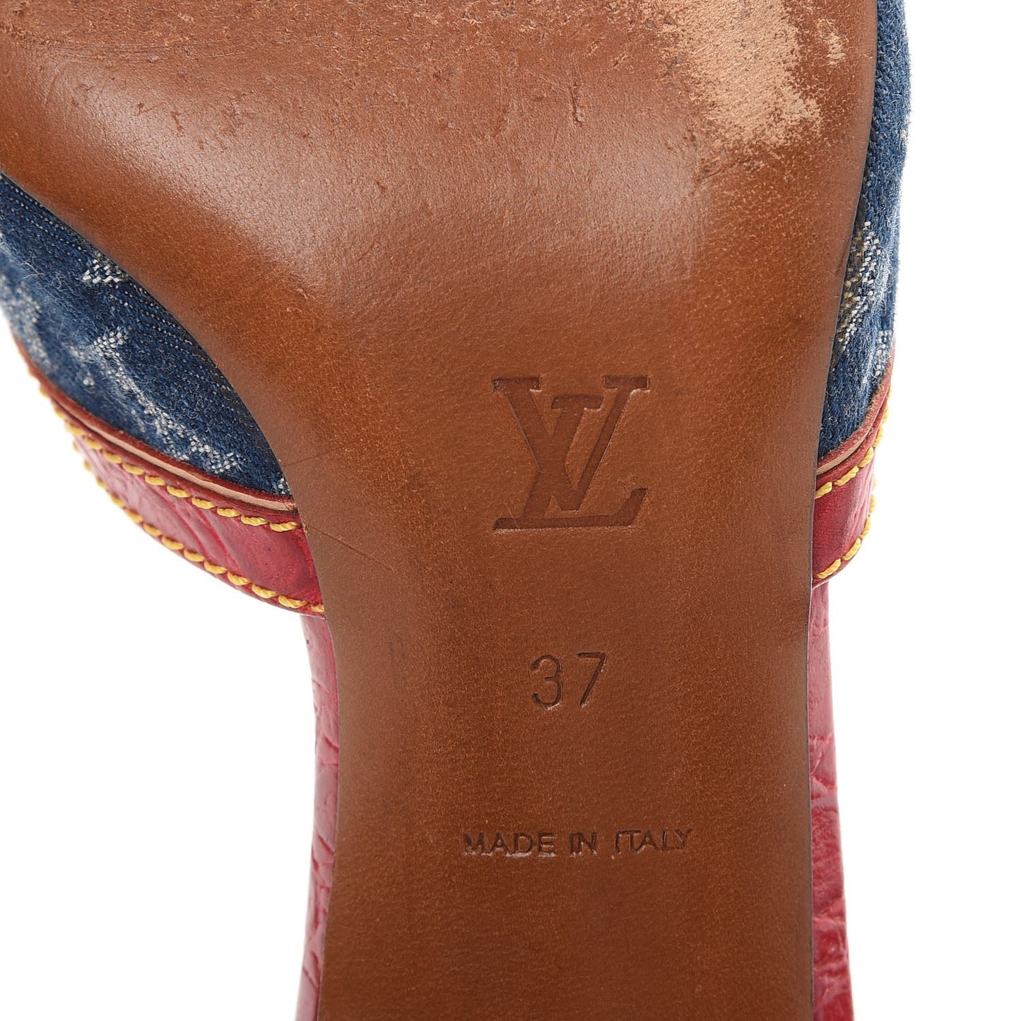 Denim Monogram Mules Peep Toe Heels 37 Blue Red