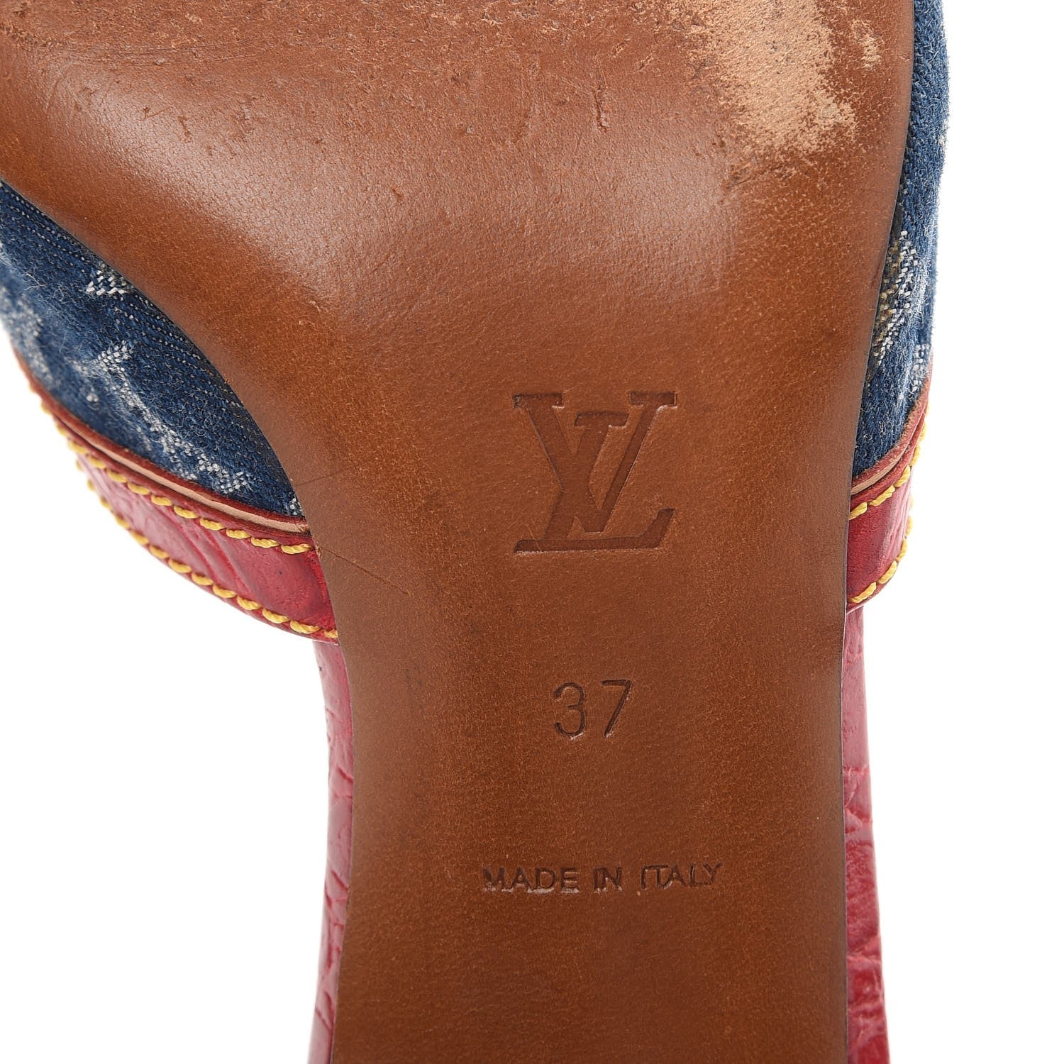 Louis Vuitton Denim Monogram Mules Peep Toe Heels 37 Blue Red 8 of 12