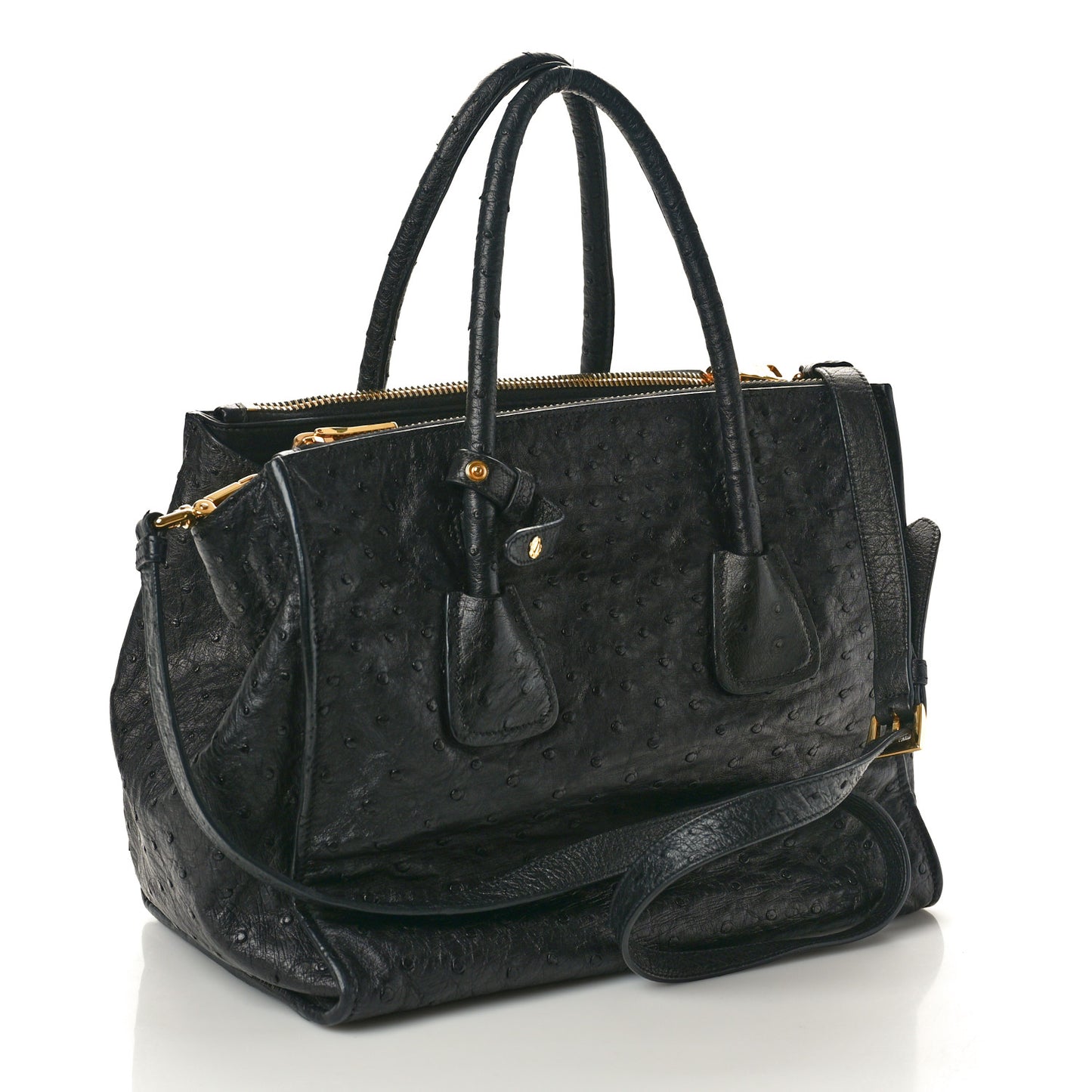 Ostrich Small Double Zip Tote Black