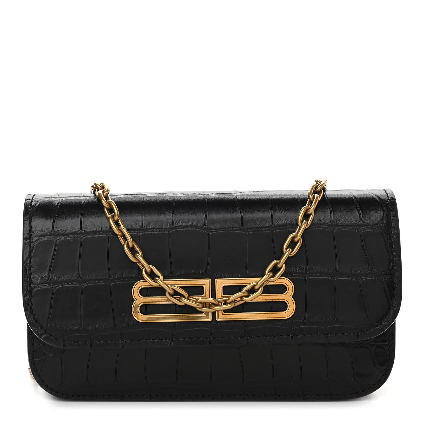 Extra Supple Calfskin Crocodile Embossed Gossip Wallet On Chain Black