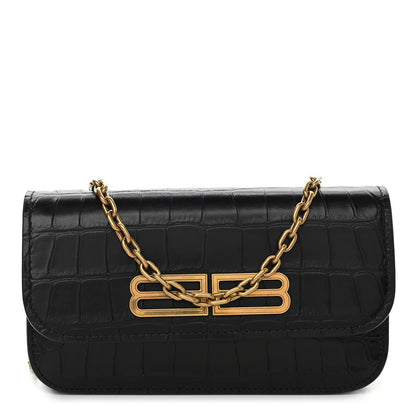 Balenciaga Extra Supple Calfskin Crocodile Embossed Gossip Wallet On Chain Black 1 of 9