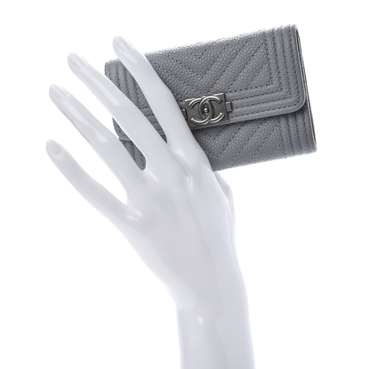 Chanel Caviar Chevron Quilted Boy Flap Card Holder Grey 2 of 9