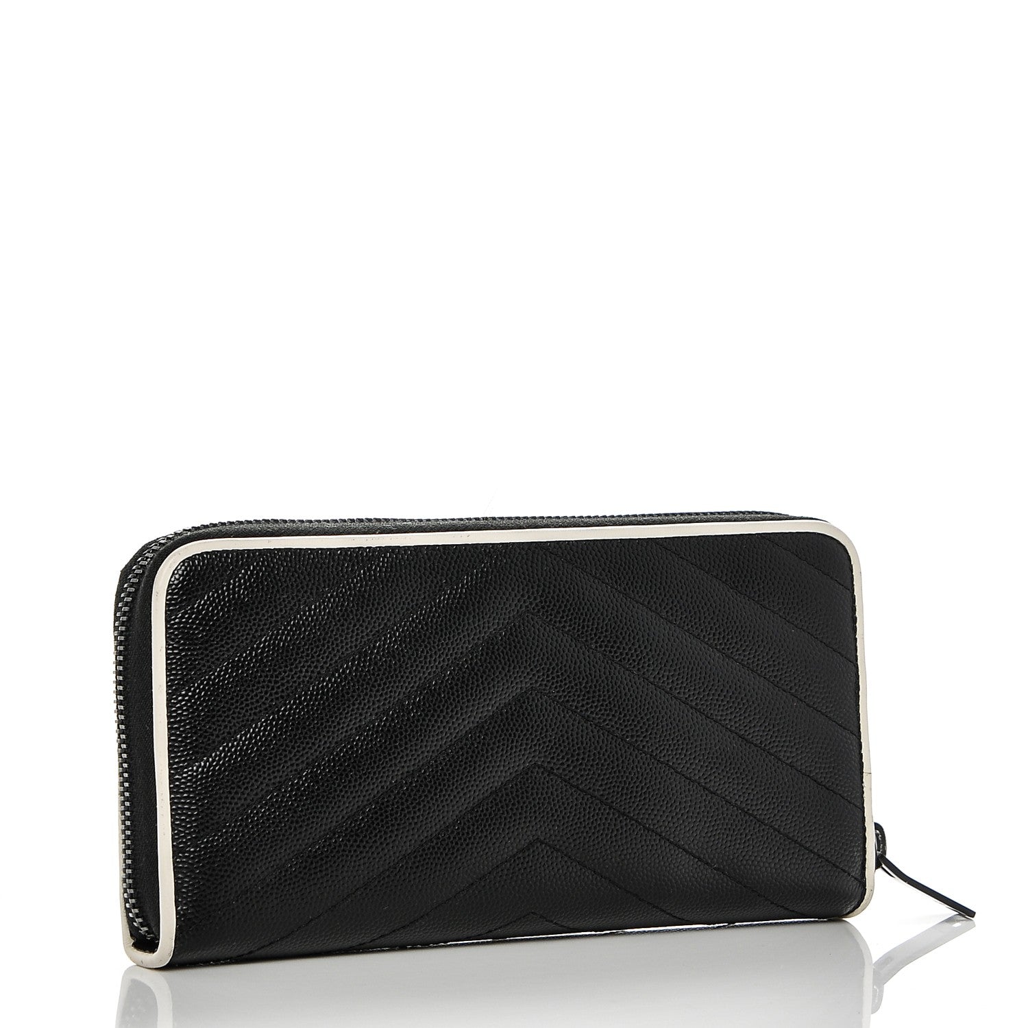 Saint Laurent Grain De Poudre Matelasse Chevron Monogram Zip Around Wallet Black Dove White 3 of 6