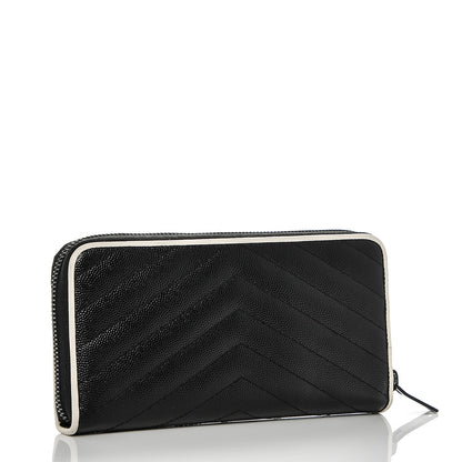 Saint Laurent Grain De Poudre Matelasse Chevron Monogram Zip Around Wallet Black Dove White 3 of 6