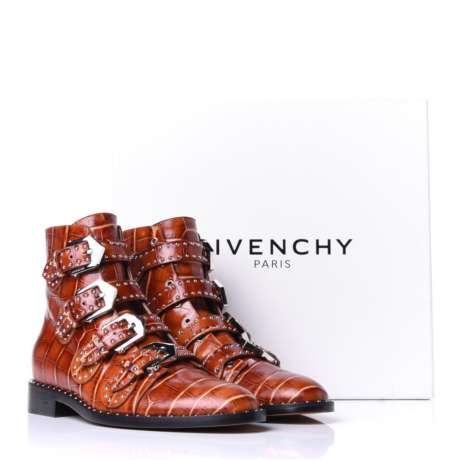 Givenchy Crocodile Embossed Calfskin Studded Elegant Flat Bootie 38.5 Brown 10 of 10
