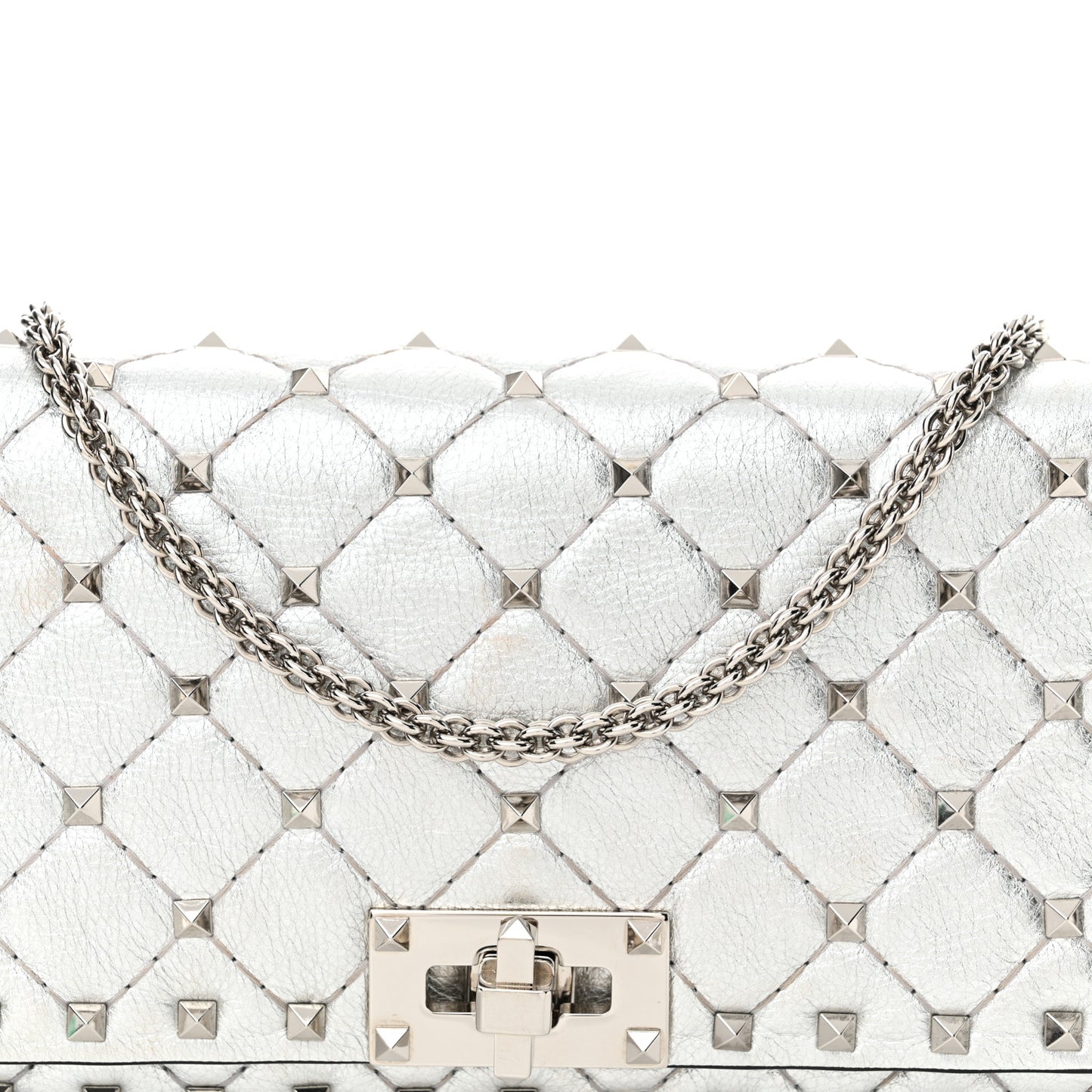 Metallic Nappa Rockstud Spike Shoulder Bag Silver