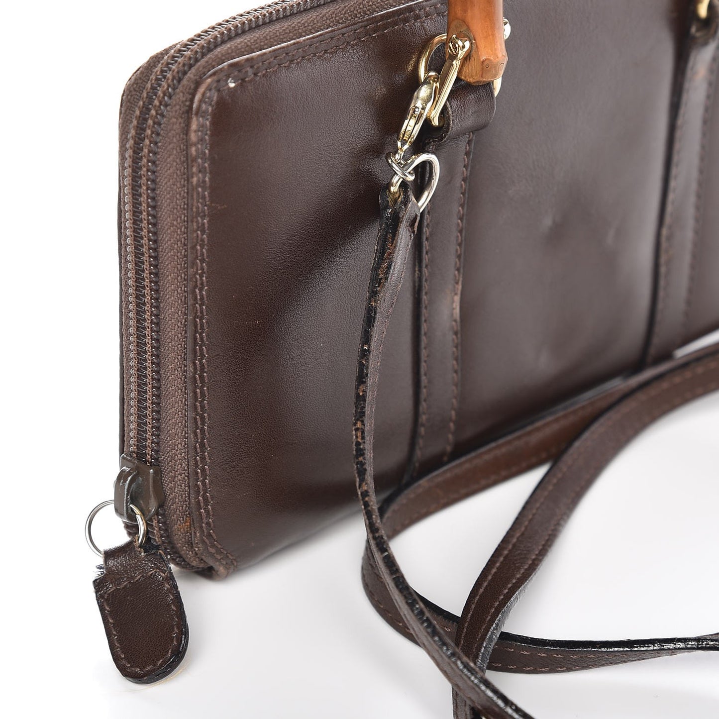 Calfskin Bamboo Handle Crossbody Wallet Brown