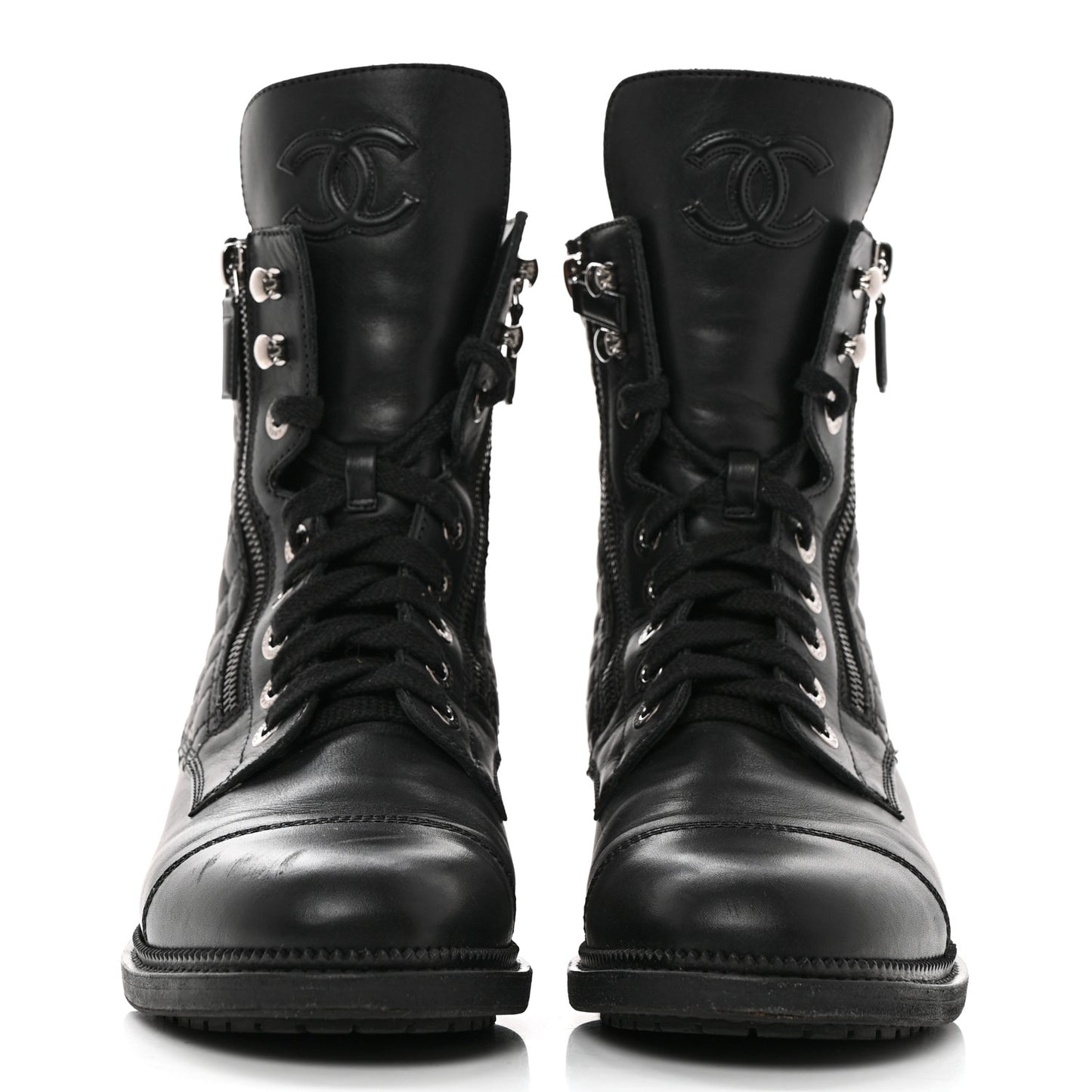Calfskin Quilted Lace Up Combat Boots 41.5 Black