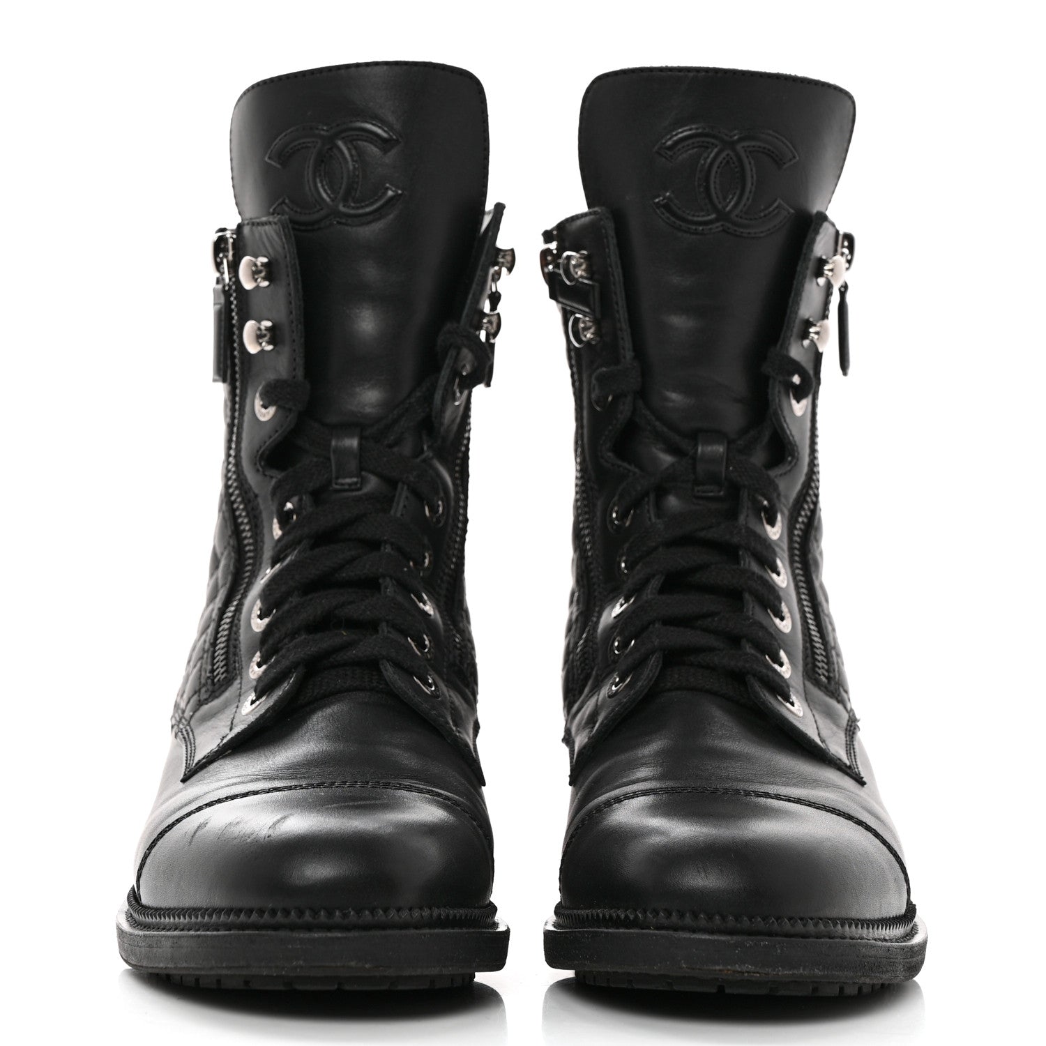 Chanel Calfskin Quilted Lace Up Combat Boots 41.5 Black 2 of 11