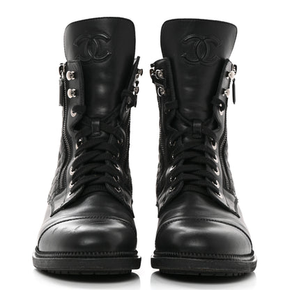 Chanel Calfskin Quilted Lace Up Combat Boots 41.5 Black 2 of 11