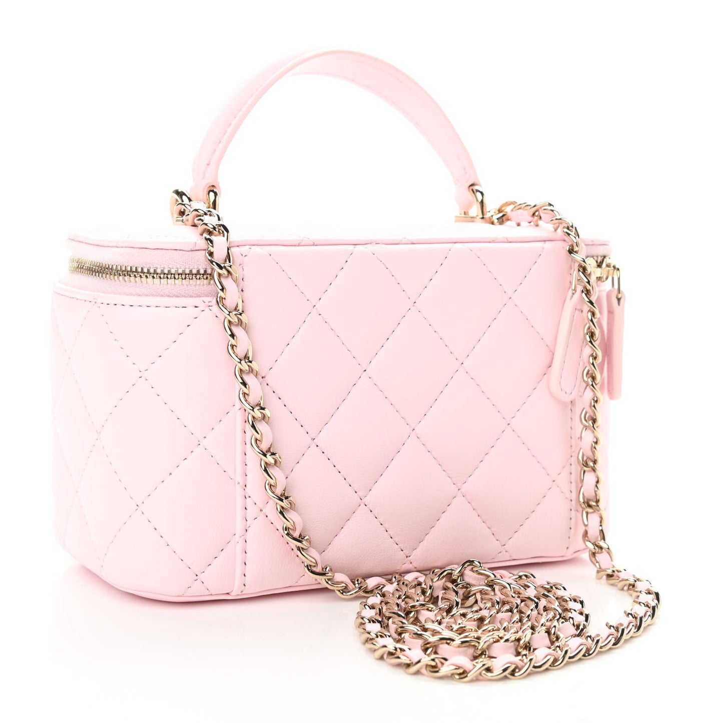 Lambskin Quilted Small Top Handle Vanity Case With Chain Light Pink