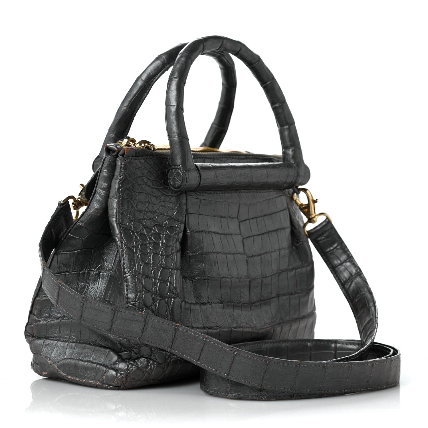 Nancy Gonzalez Metallic Crocodile Top Handle Shoulder Bag Anthracite 3 of 10