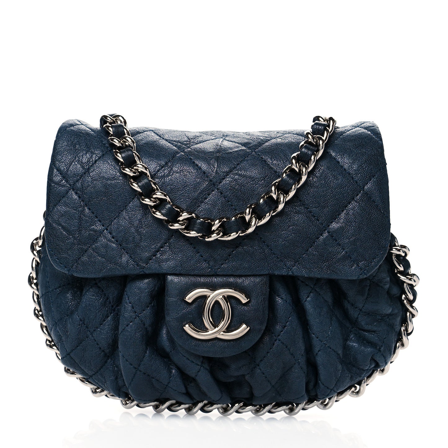 Washed Lambskin Quilted Mini Chain Around Flap Navy Blue