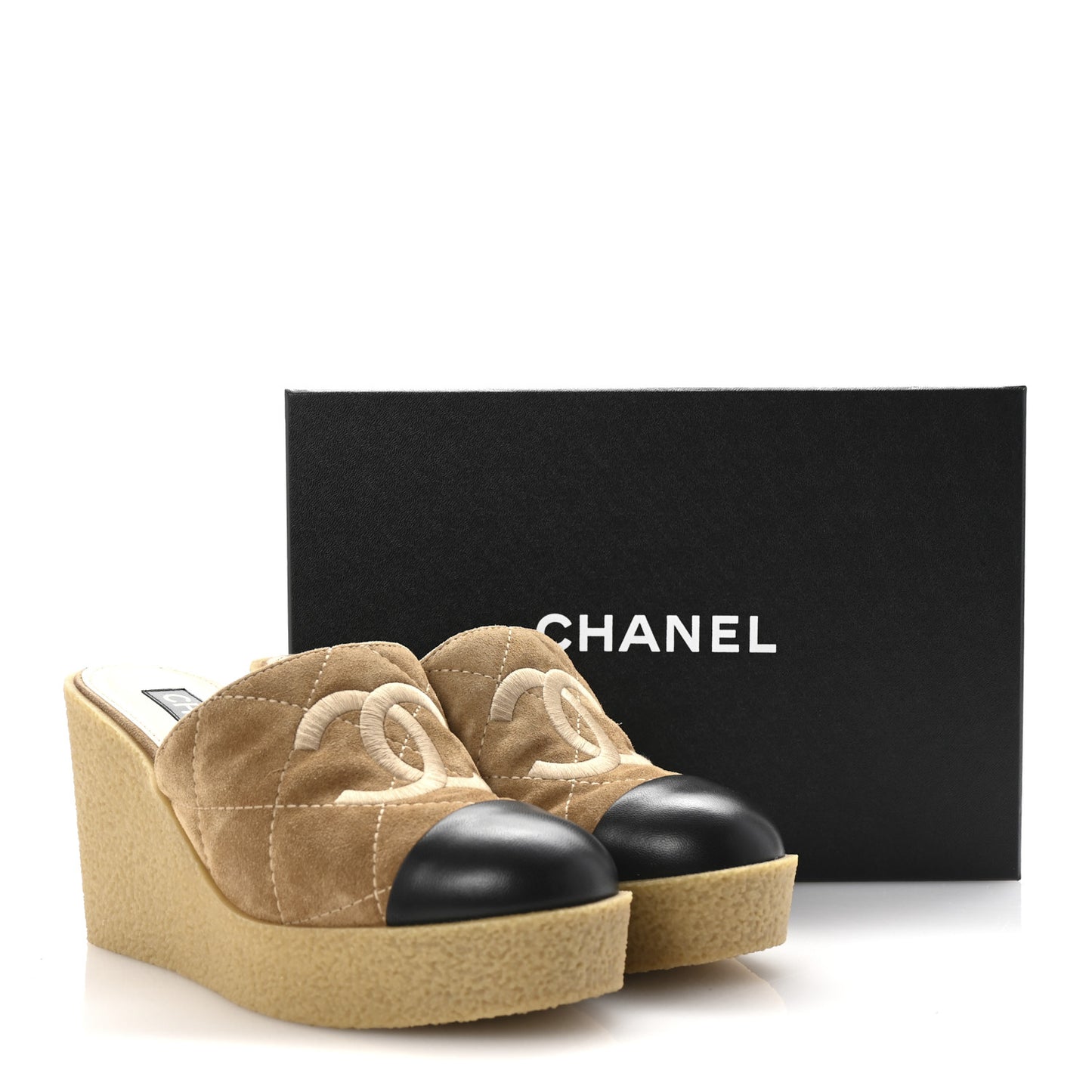 Suede Lambskin Quilted CC Mules 39 Black Beige