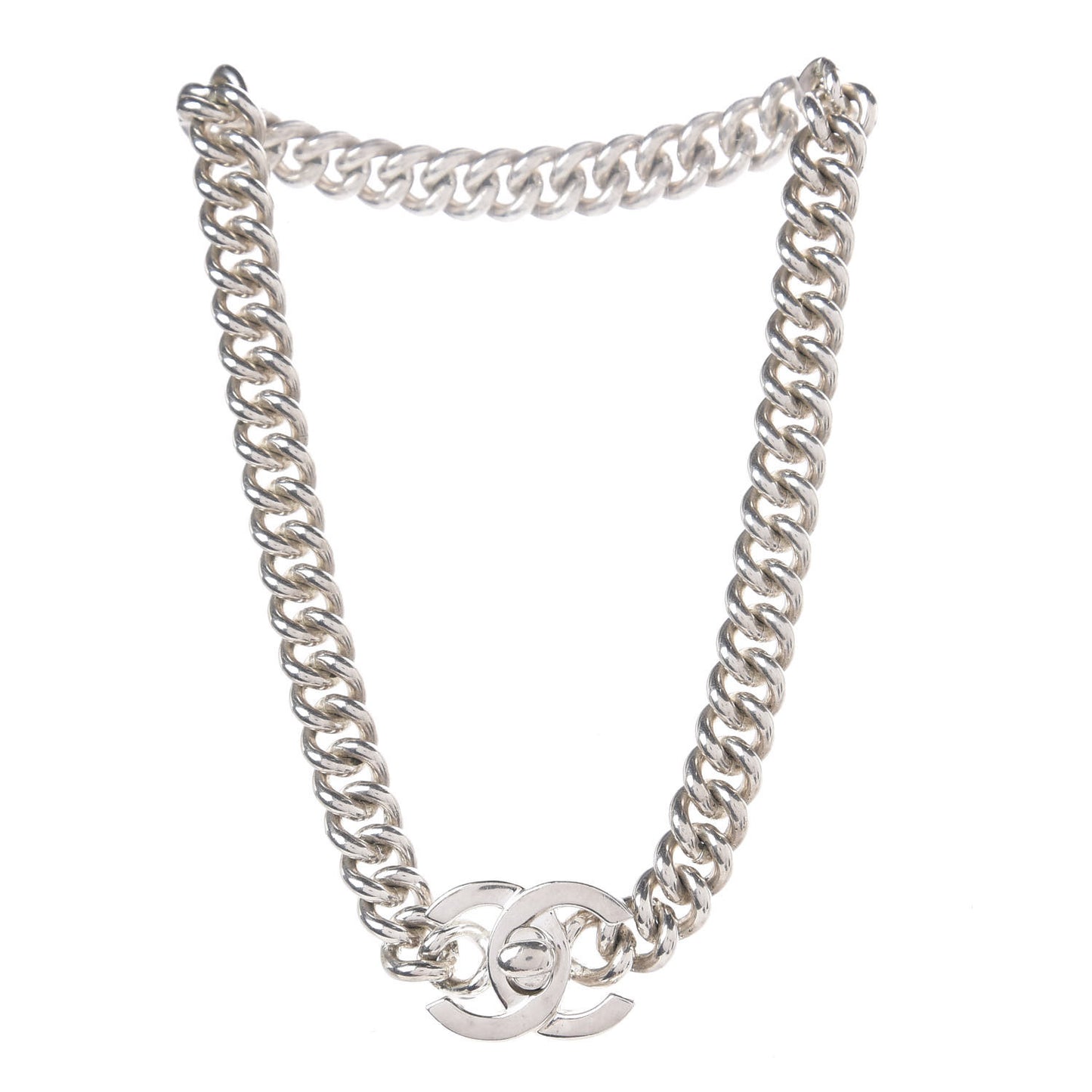 Chain Link CC Turn Lock Choker Necklace Silver