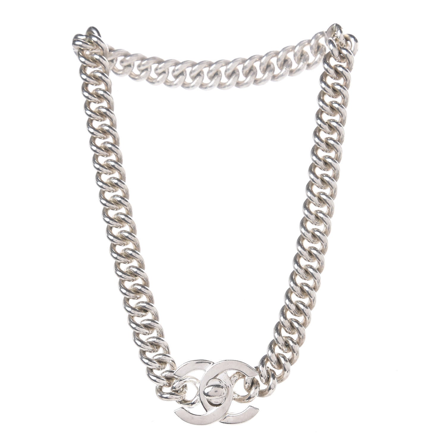 Chanel Chain Link CC Turn Lock Choker Necklace Silver 2 of 3