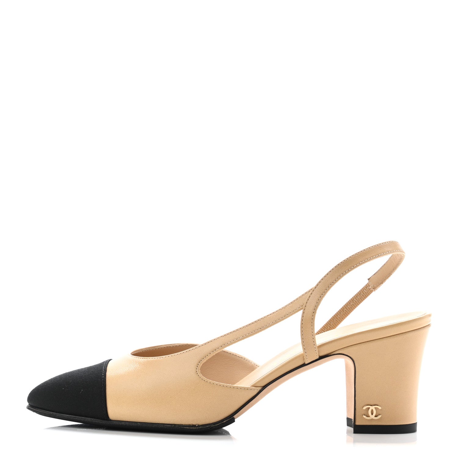 Chanel Goatskin Grosgrain Cap Toe CC Slingback Pumps 36.5 Beige Black 1 of 8