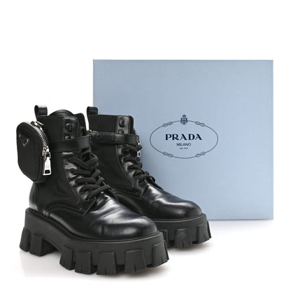 Prada Spazzolato Rois Nylon Metal Triangle Logo Monolith Pouch Pocket 55mm Boots 37 Black 16 of 16