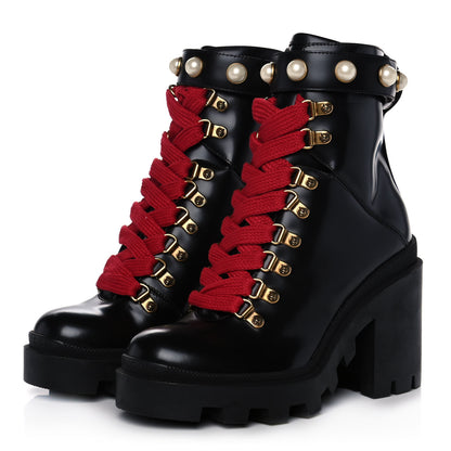 Gucci Magnum Calfskin Pearl Lace Up Combat Ankle Boots 35 Black 3 of 10
