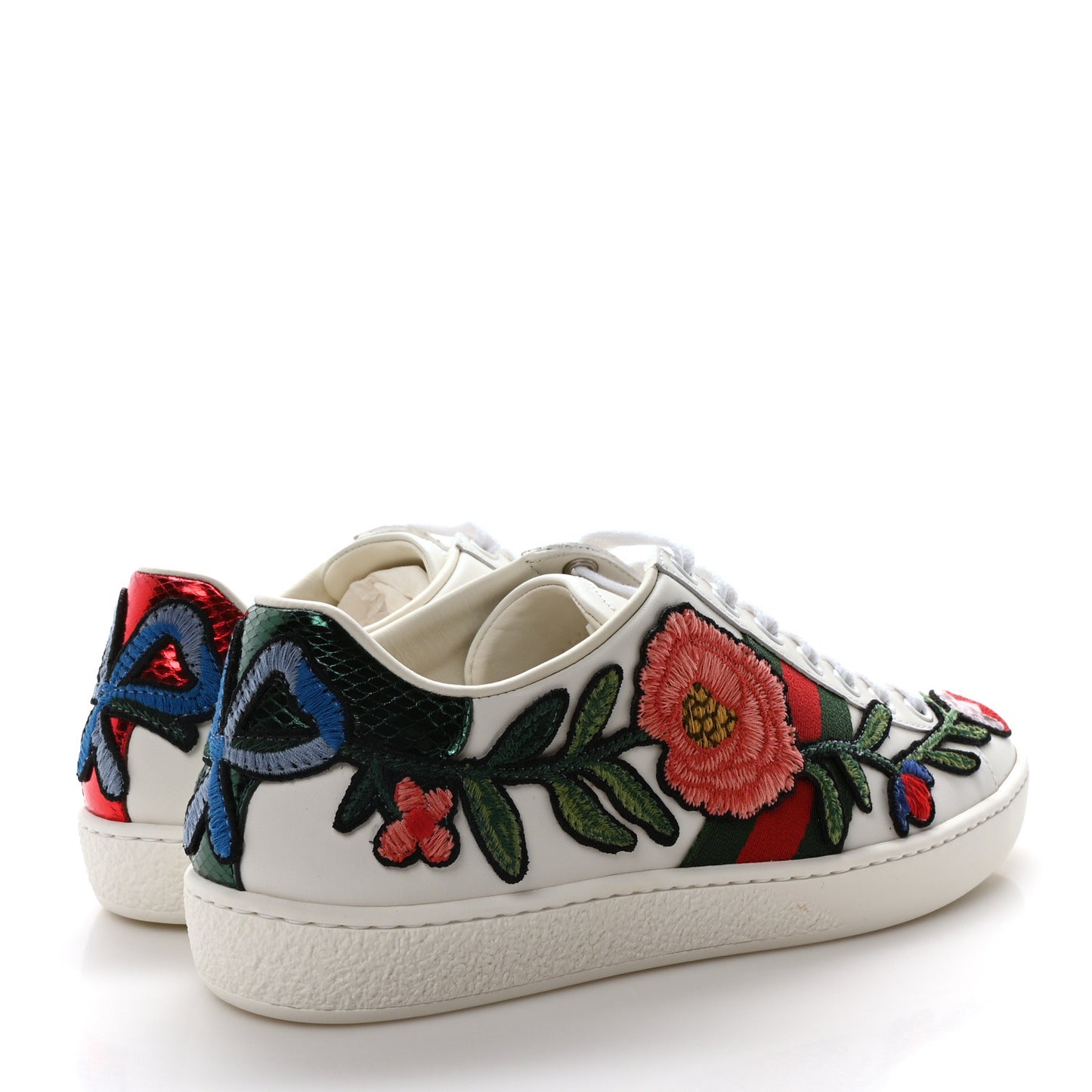 Calfskin Web Floral Embroidered Womens Ace Sneakers 36 White