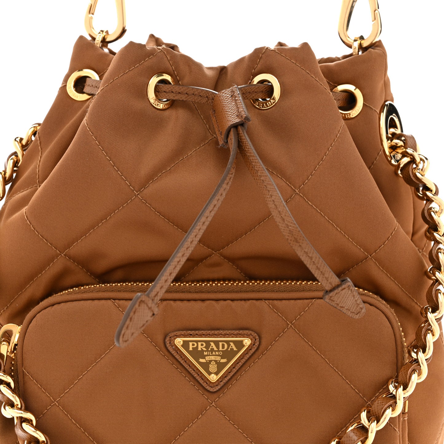 Re-Nylon Saffiano Stitched Re-Edition 1995 Chaine Drawstring Bucket Bag Brandy