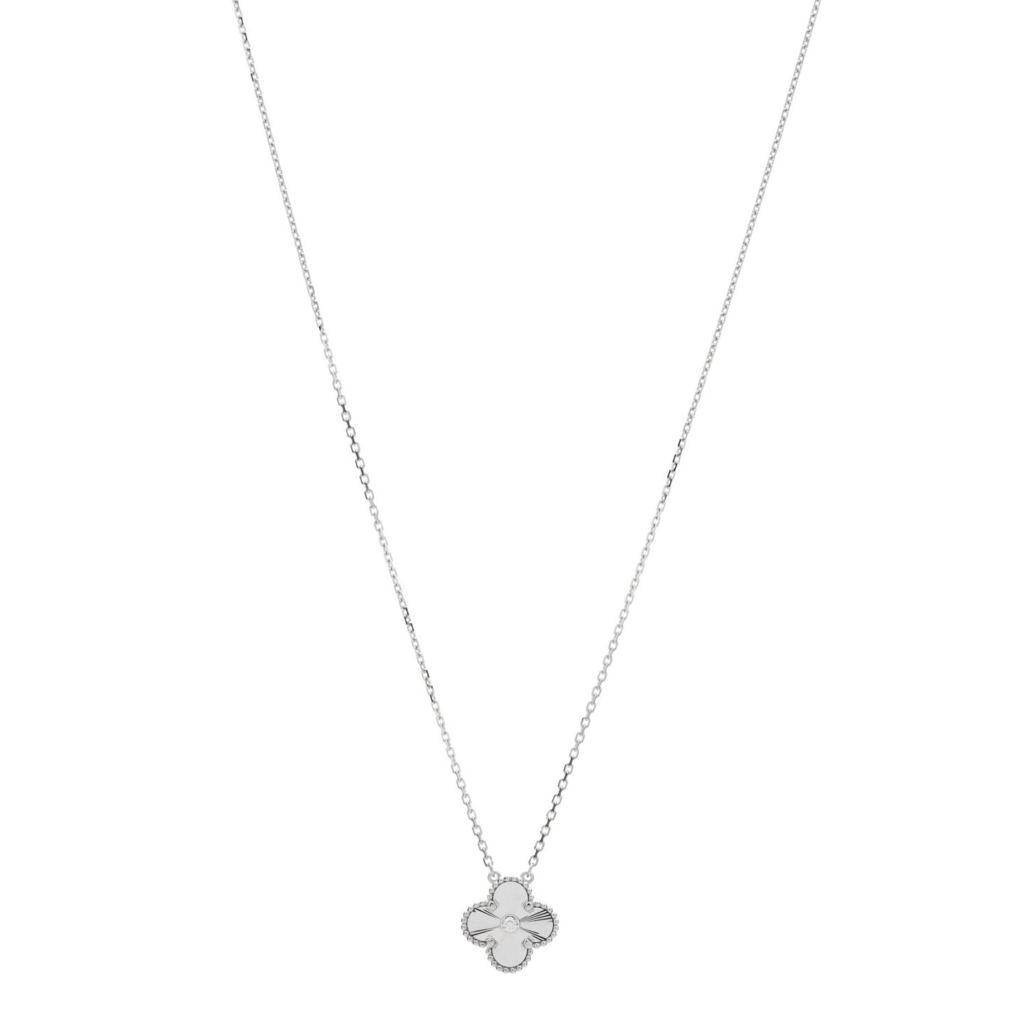 18K White Gold Diamond Guilloche Vintage Alhambra Pendant Necklace
