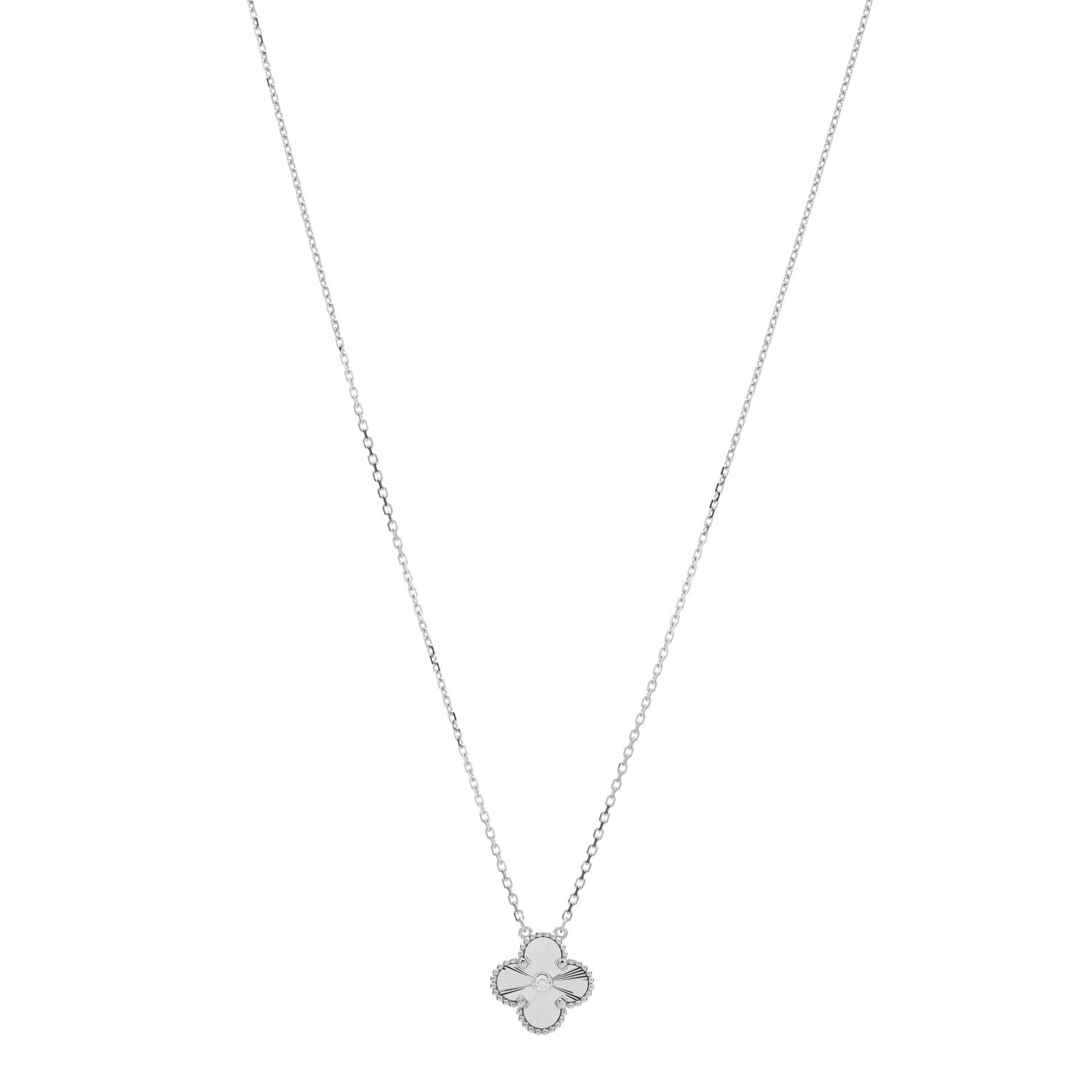 Van Cleef & Arpels 18K White Gold Diamond Guilloche Vintage Alhambra Pendant Necklace 1 of 4