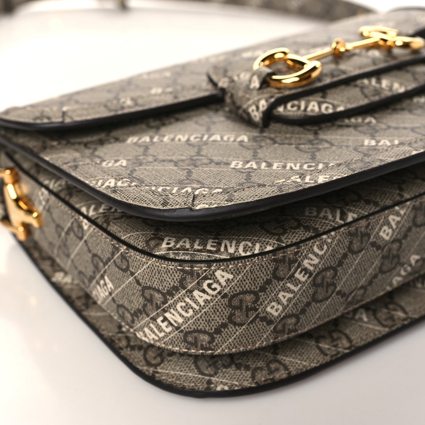 X BALENCIAGA GG Supreme Monogram Logo Print Horsebit 1955 Shoulder Bag Beige Ebony