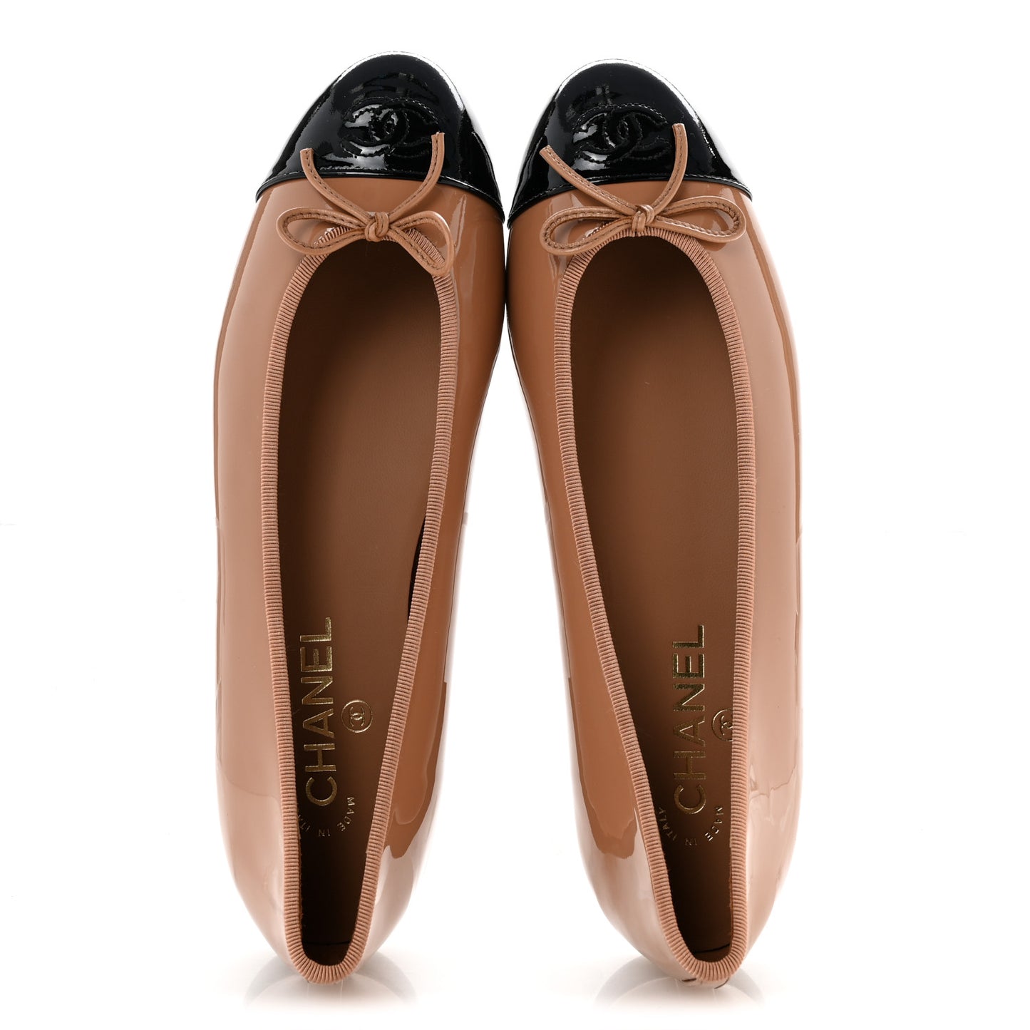 Patent Calfskin CC Cap Toe Ballerina Flats 41 Beige Black
