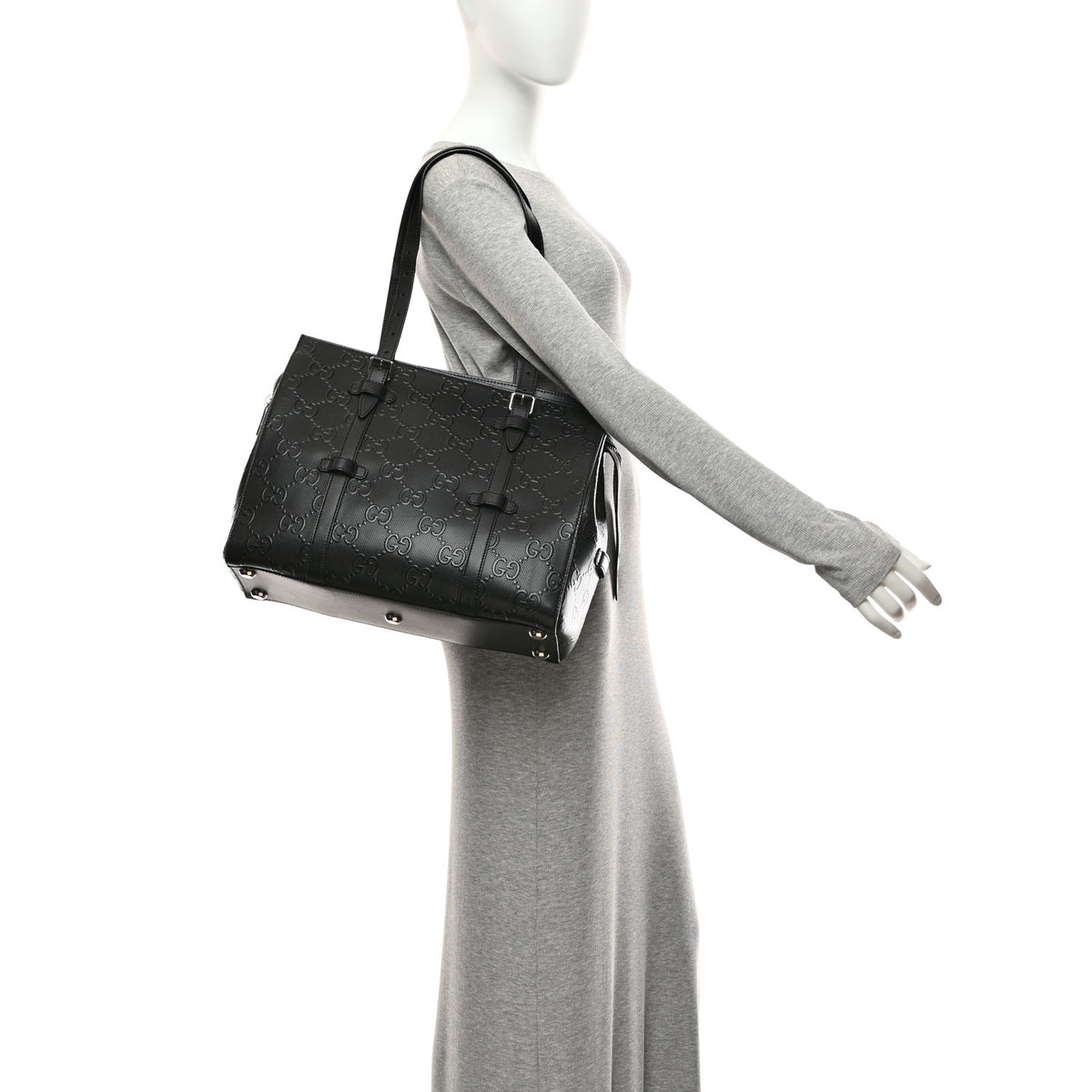 Gucci Calfskin GG Tennis Embossed Tote Bag Black 2 of 11