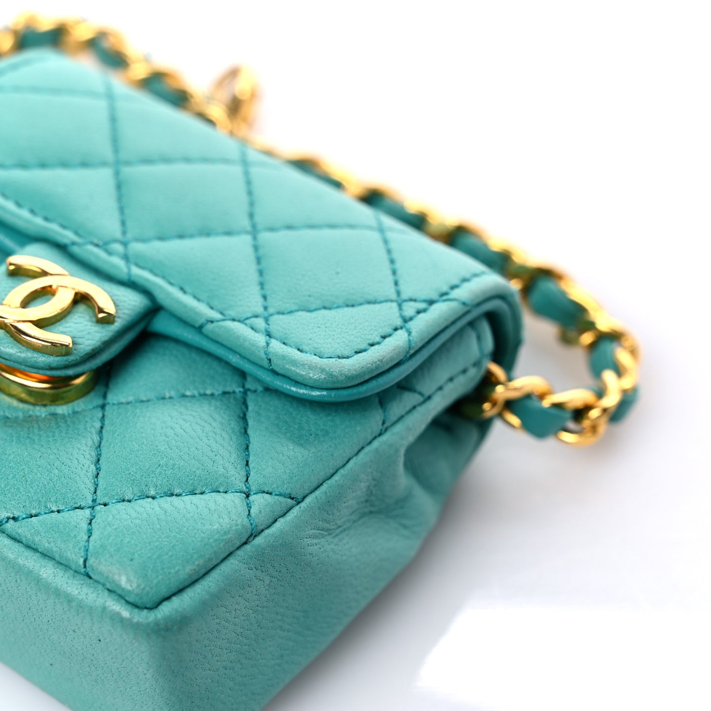 Lambskin Quilted Mini Pouch Bag Charm Keychain Turquoise
