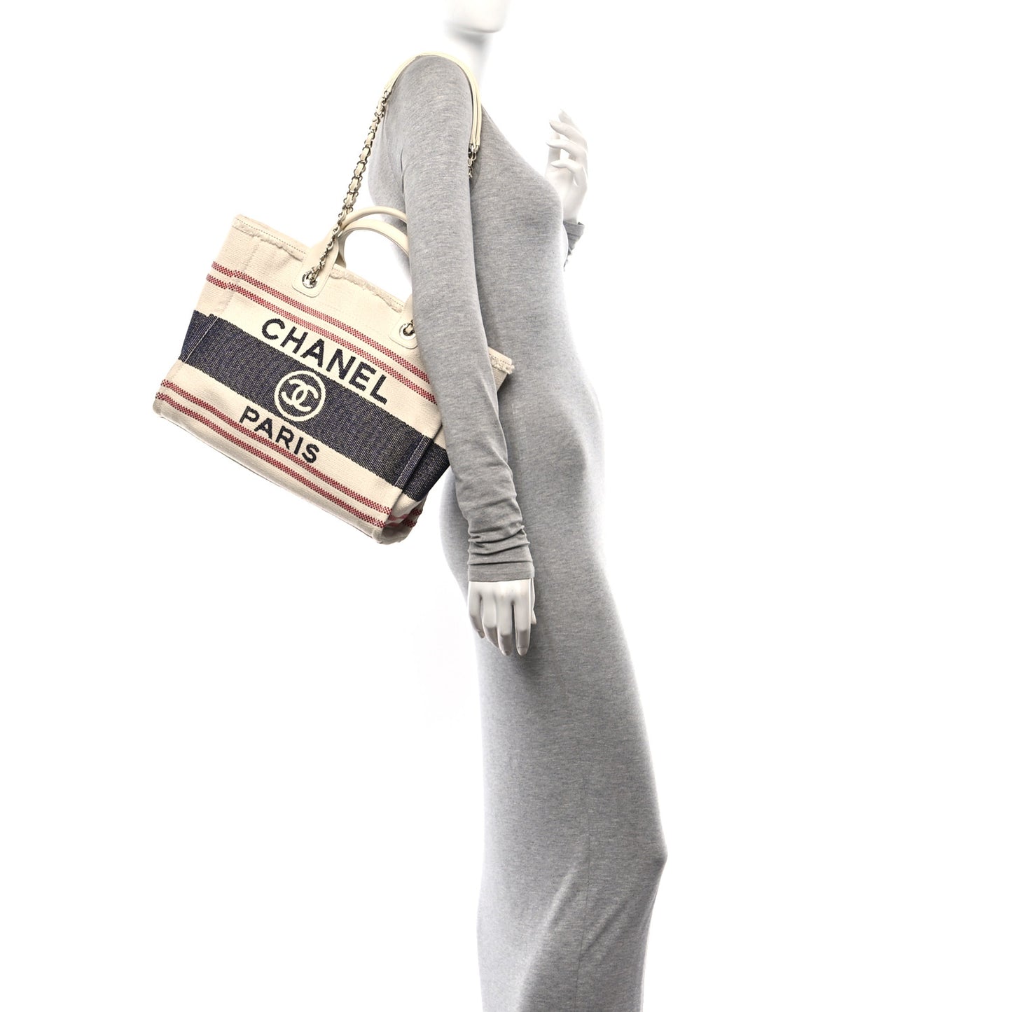 Striped Canvas Small Deauville Tote Ecru Red Blue