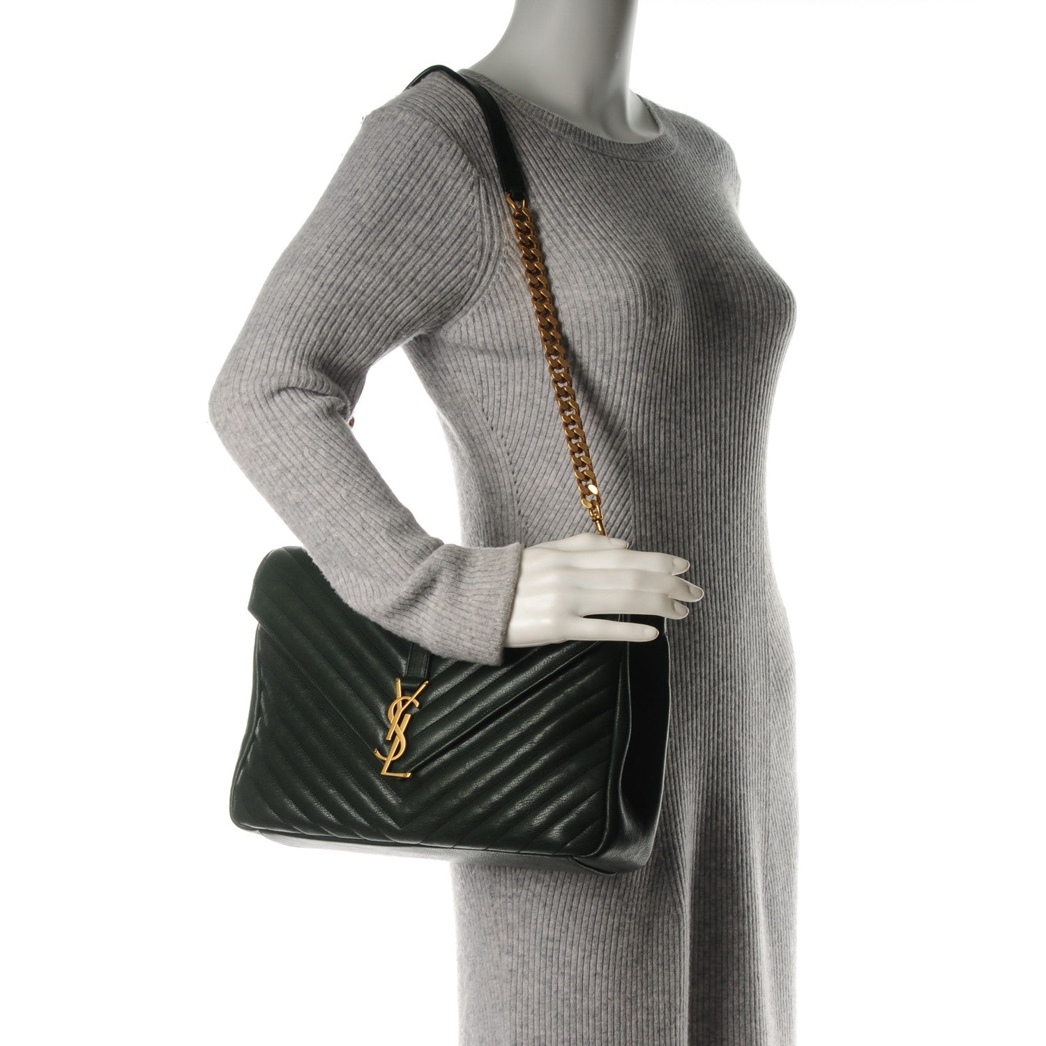 Saint Laurent Sheepskin Matelasse Chevron Monogram Large College Satchel Dark Green 2 of 6