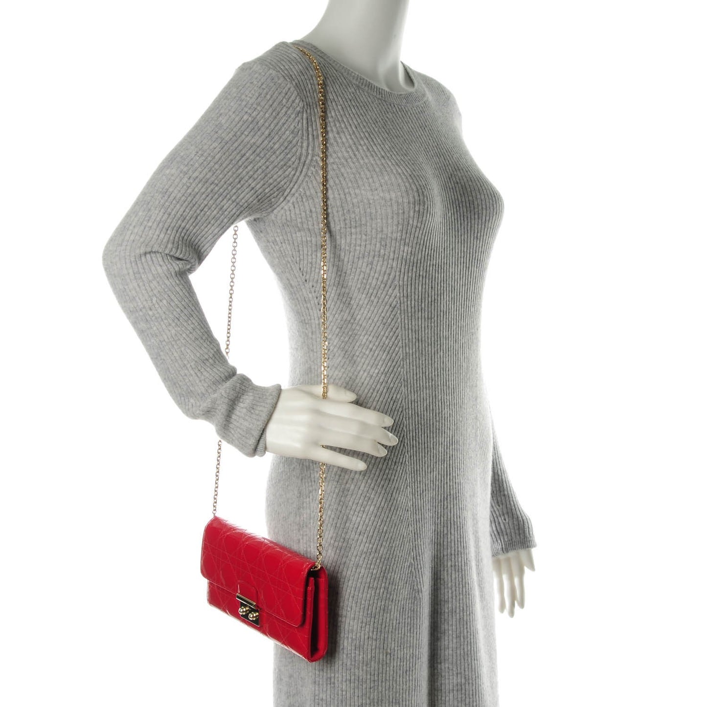 Patent Cannage Miss Dior Chain Wallet Red