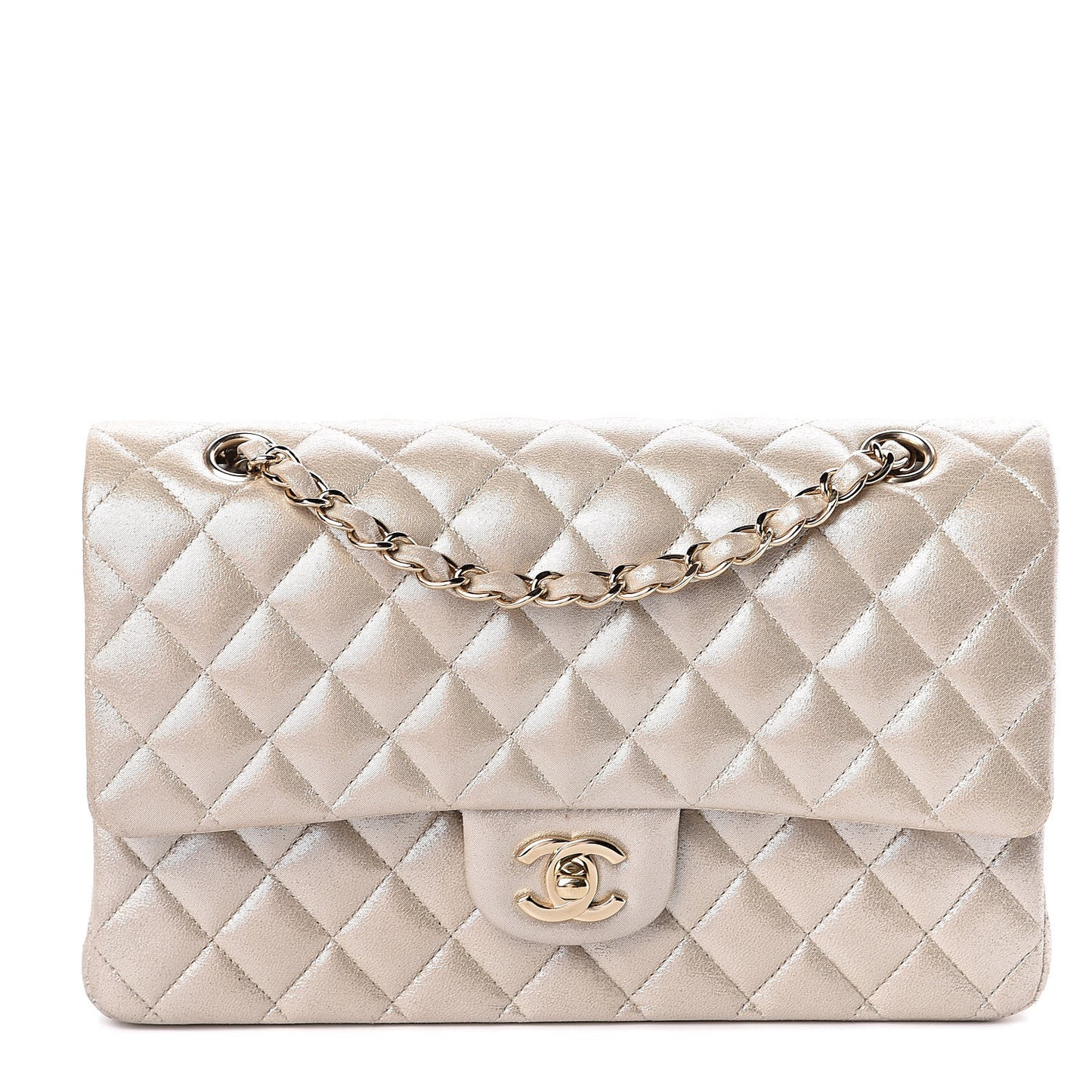 Iridescent Calfskin Quilted Medium Double Flap Light Gold