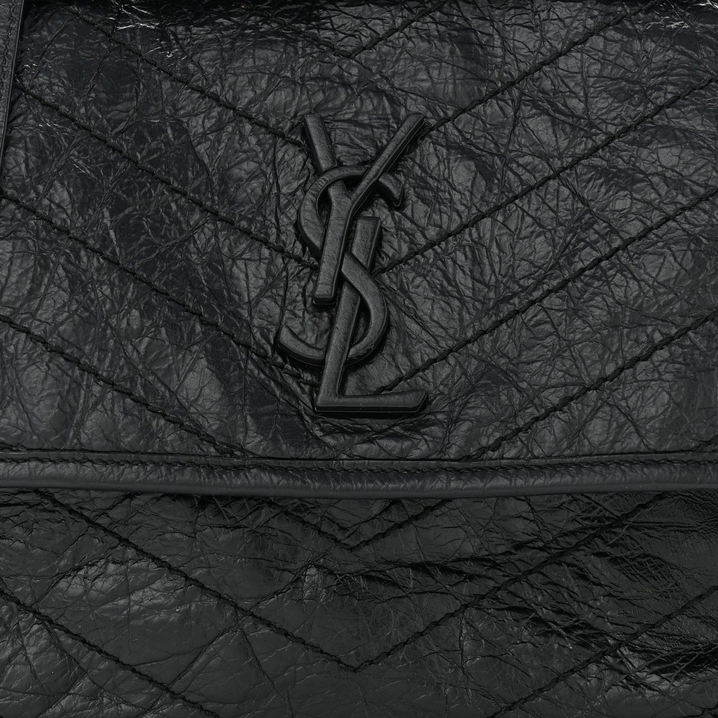 Crinkled Calfskin Matelasse Monogram Medium Niki Chain Satchel Black