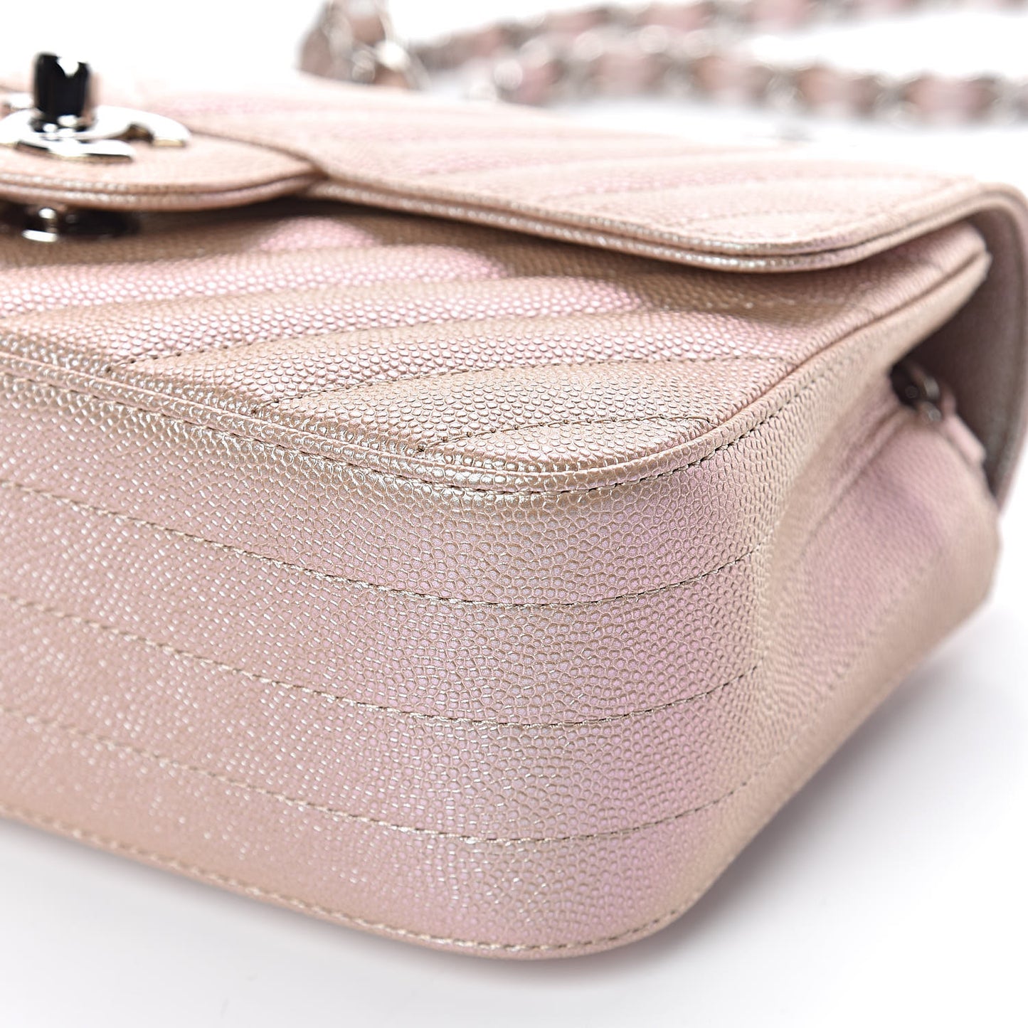Iridescent Caviar Chevron Quilted Mini Rectangular Flap Light Gold