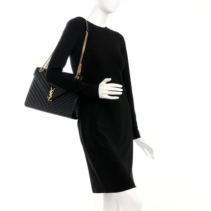 Saint Laurent Grain De Poudre Matelasse Chevron Large Monogram Satchel Black 2 of 7