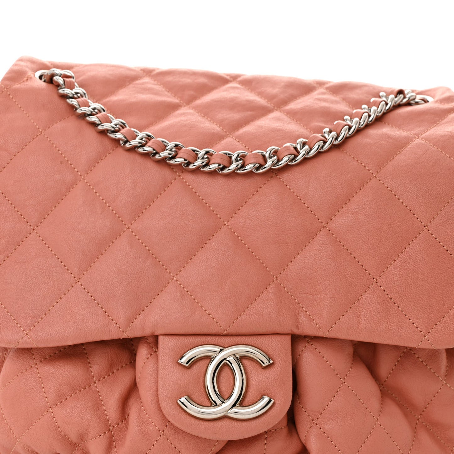 Washed Lambskin Quilted Large Chain Around Flap Coral