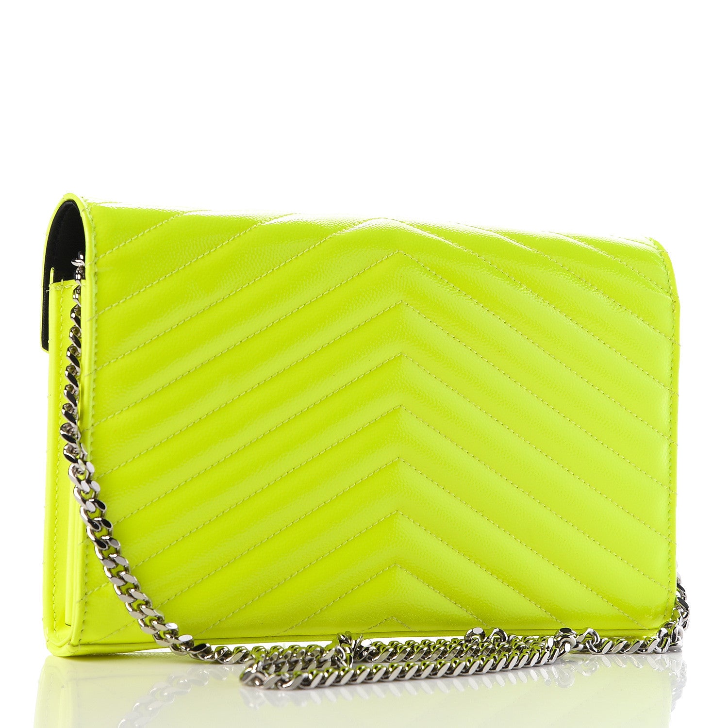 Saint Laurent Patent Grain De Poudre Matelasse Chevron Monogram Chain Wallet Neon Yellow 3 of 10
